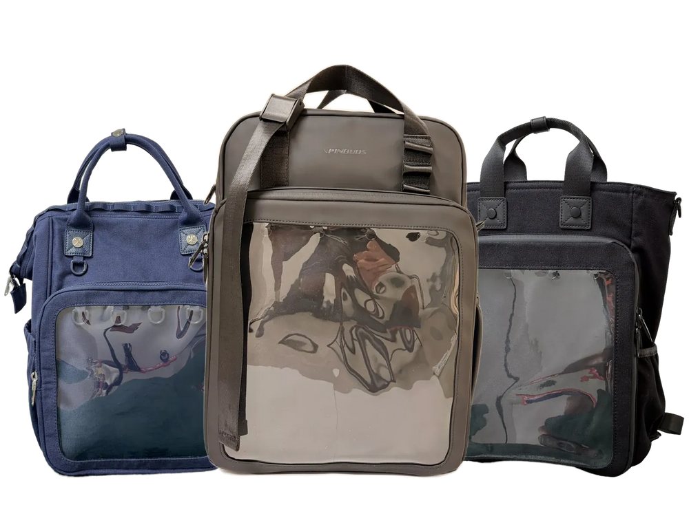 Pinbuds 2026 collection: Navy Everyday, 17 inch 4-Way and 3-Way Cotton ITA bags, front view