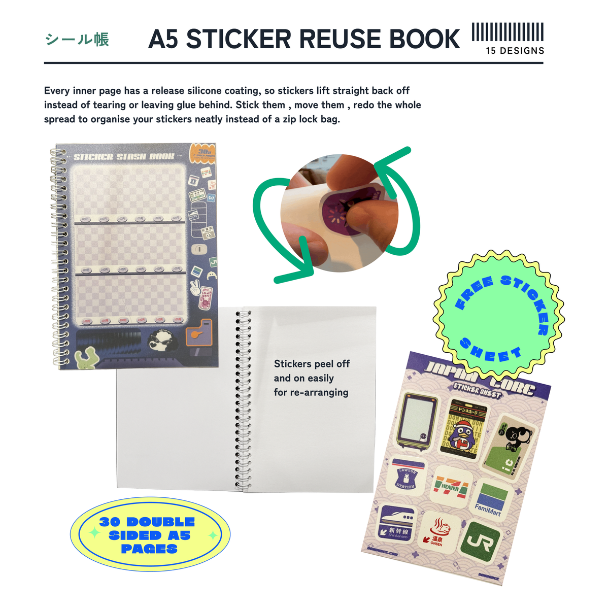 A5 Reusable Sticker Book by Pinbuds: release-coated pages, 30 double-sided A5 pages, free sticker sheet, 15 designs