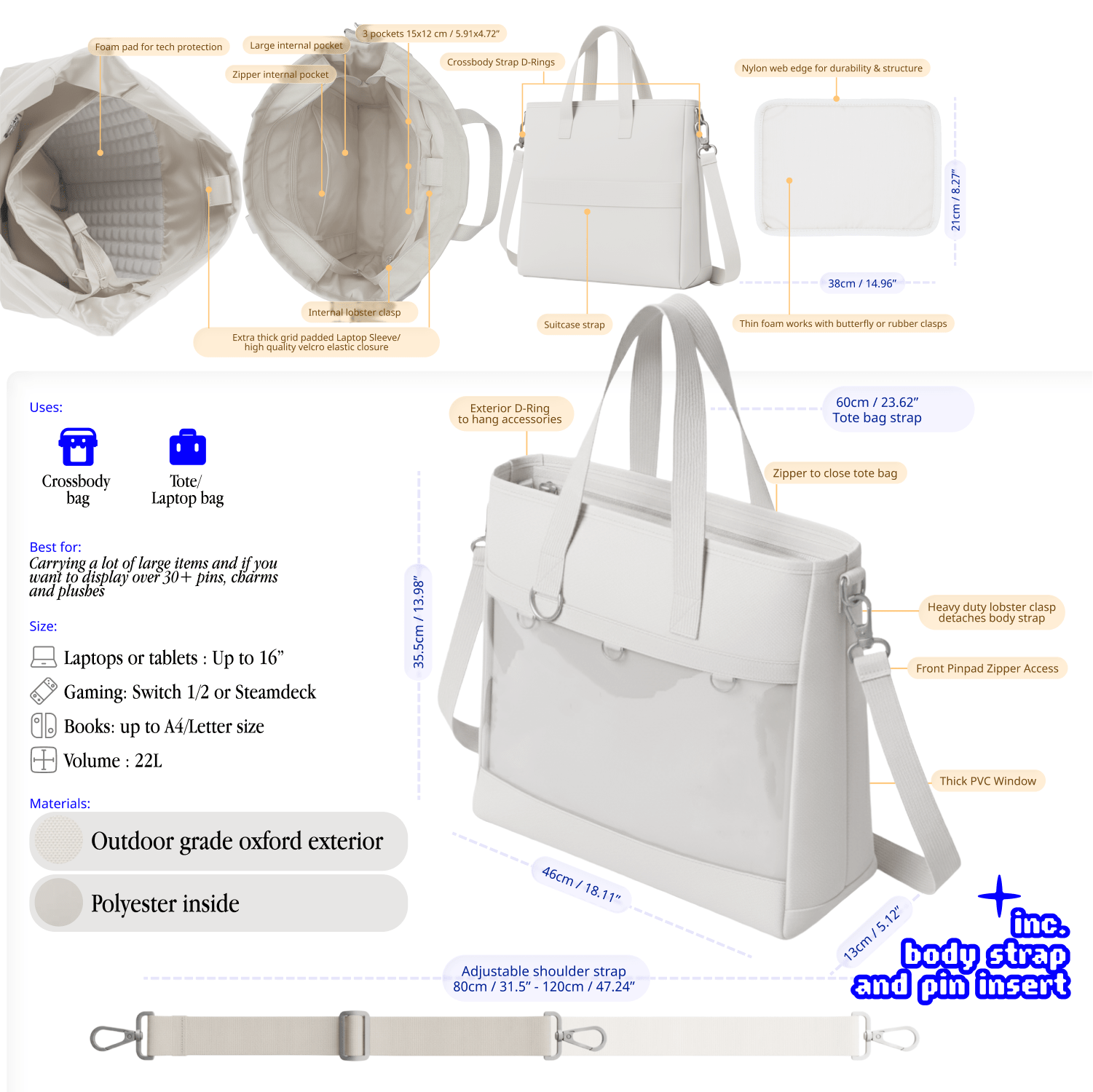 pinbuds Bags 16" 2-Way ITA Tote/Cross-Body Bag V6 with Shockproof laptop area (Waterproof Oxford)