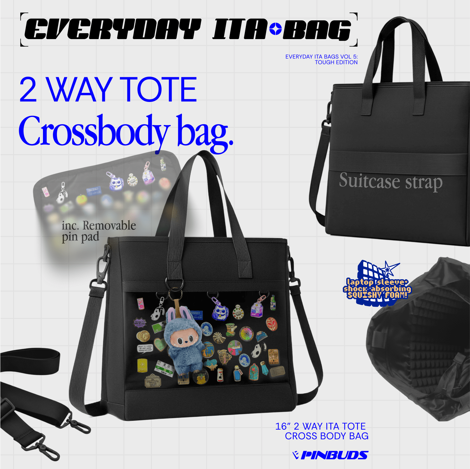 pinbuds Bags 16" 2-Way ITA Tote/Cross-Body Bag V6 with Shockproof laptop area (Waterproof Oxford)