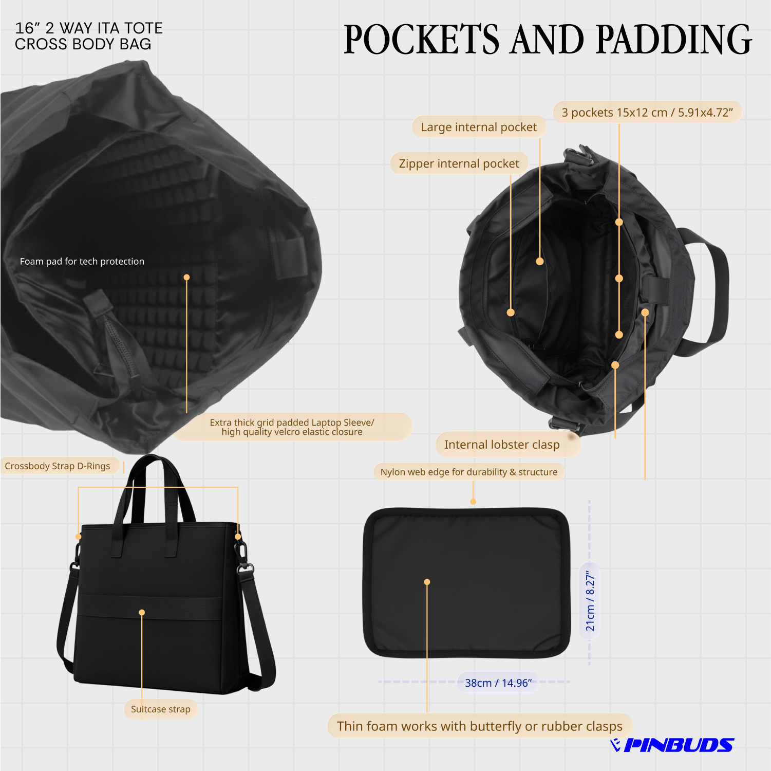 pinbuds Bags 16" 2-Way ITA Tote/Cross-Body Bag V6 with Shockproof laptop area (Waterproof Oxford)