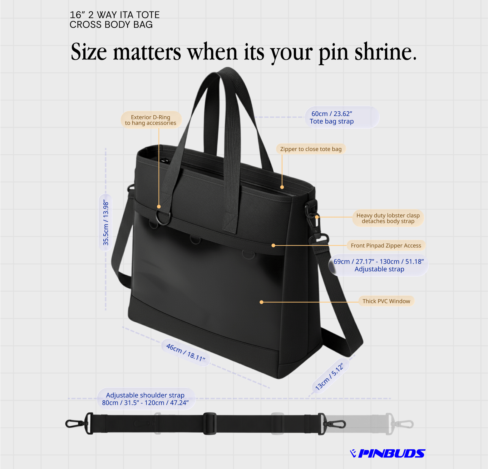 pinbuds Bags 16" 2-Way ITA Tote/Cross-Body Bag V6 with Shockproof laptop area (Waterproof Oxford)