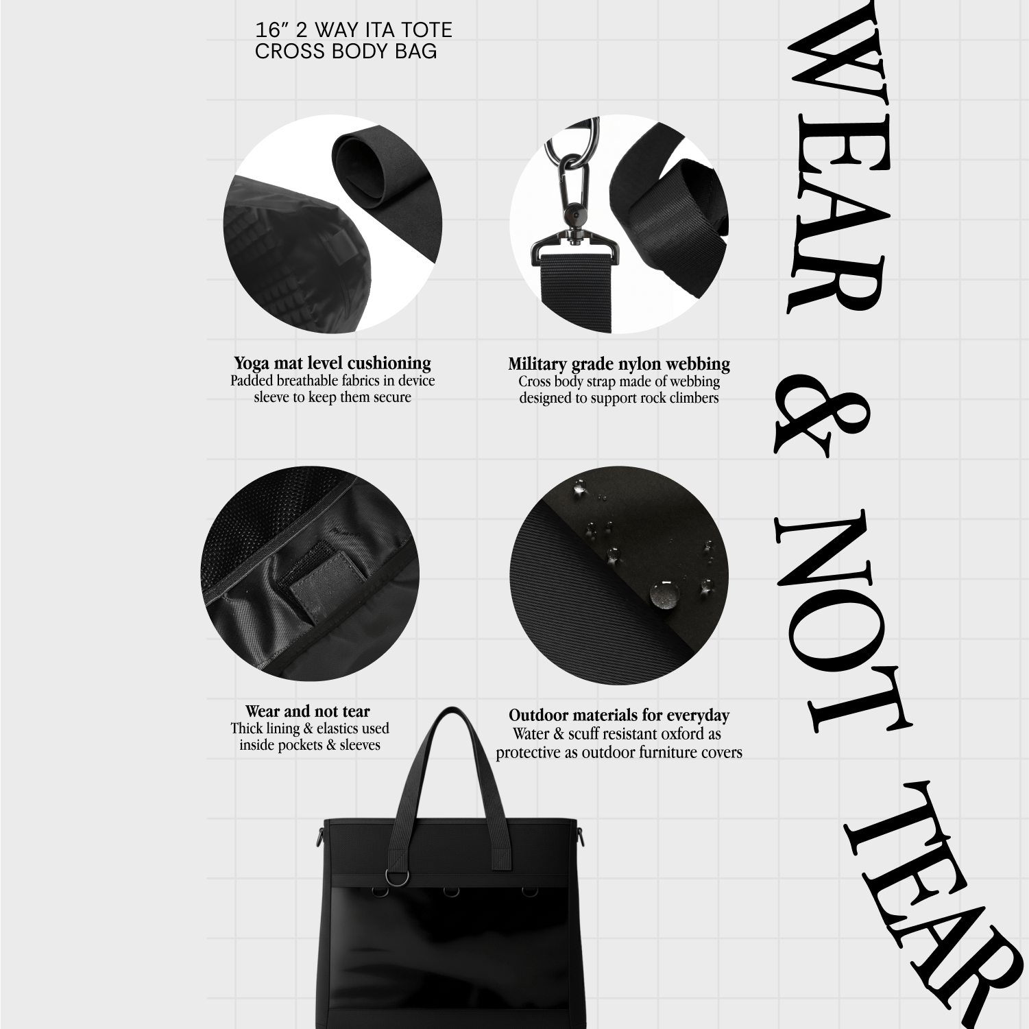 pinbuds Bags 16" 2-Way ITA Tote/Cross-Body Bag V6 with Shockproof laptop area (Waterproof Oxford)