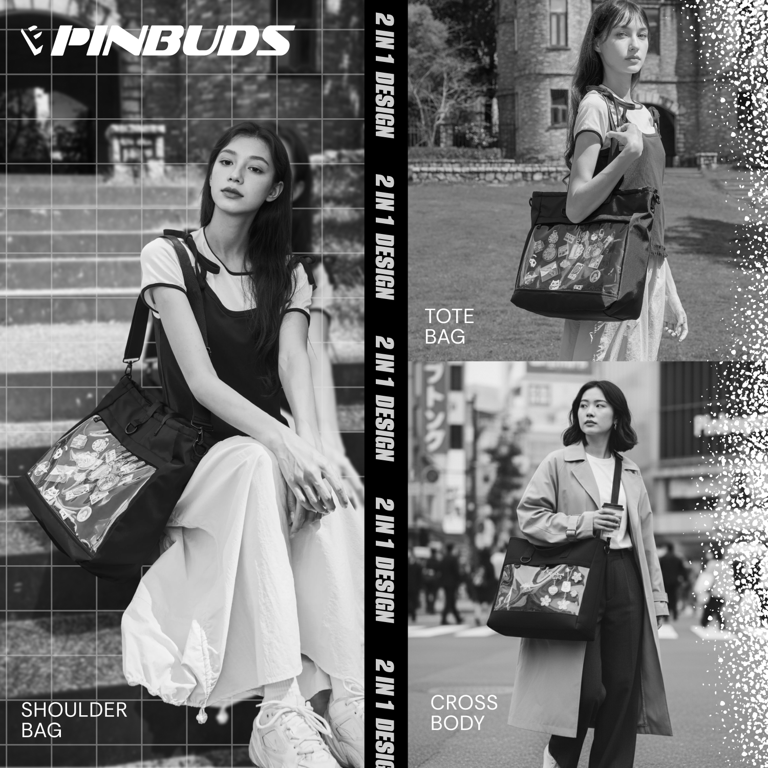 pinbuds Bags 16" 2-Way ITA Tote & Cross-Body Bag, Waterproof Oxford with Pin Display