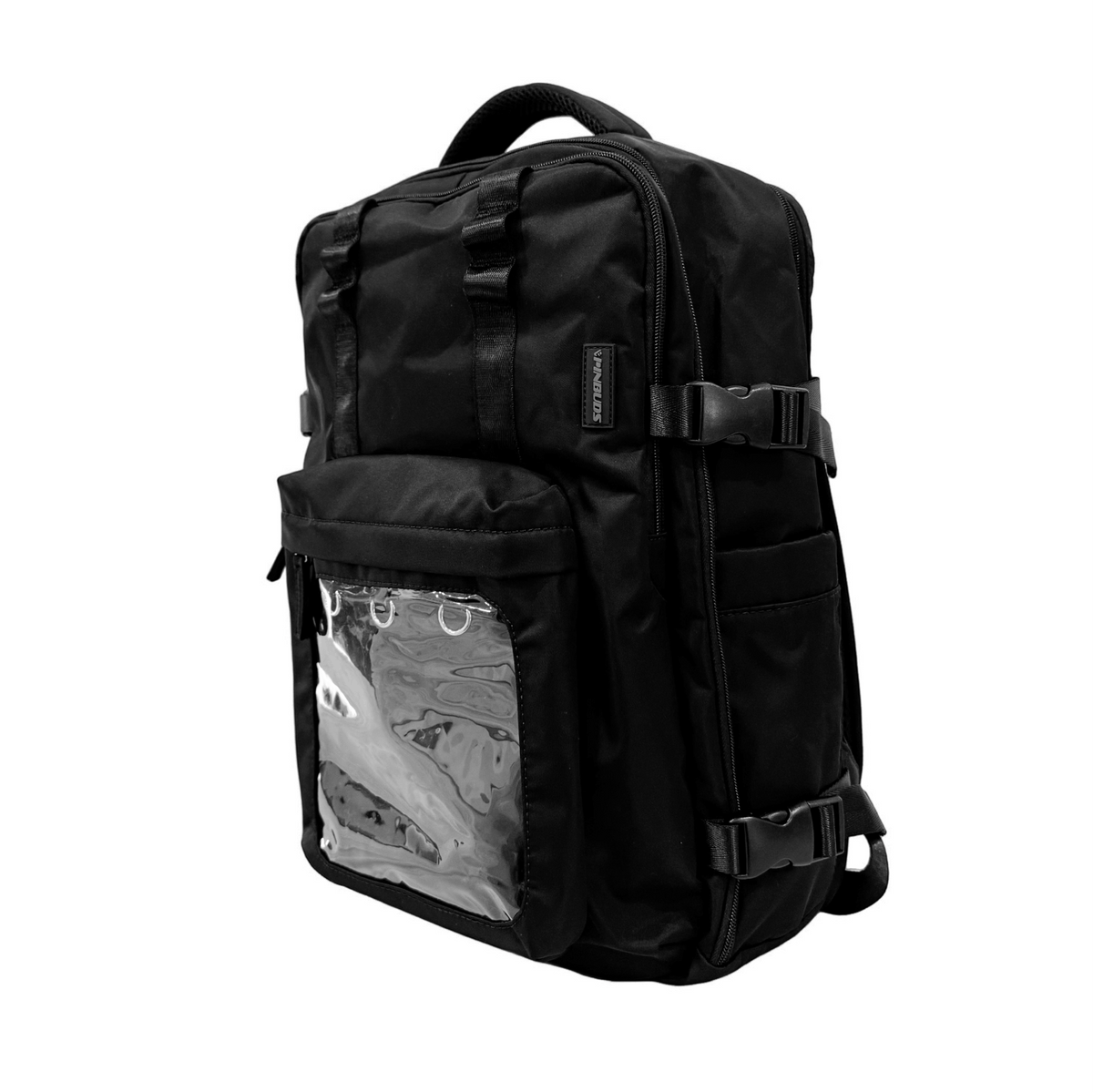 Expandable ITA backpack in Oxford nylon with clear enamel pin display window, shown at full expansion on white background