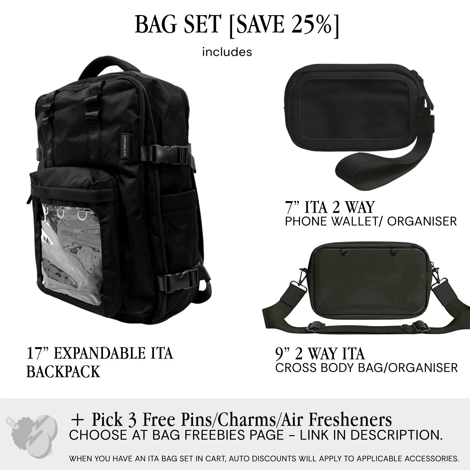 Pinbuds Bags Bag Set (inc. ITA Organizers & 3 Free Accessories) - Save 25% 17" Expandable ITA Backpack