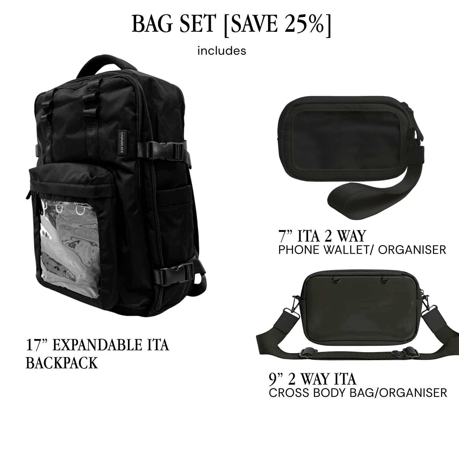Pinbuds Bags Bag Set (inc. ITA Organizers) - Save 25% 17" Expandable ITA Backpack