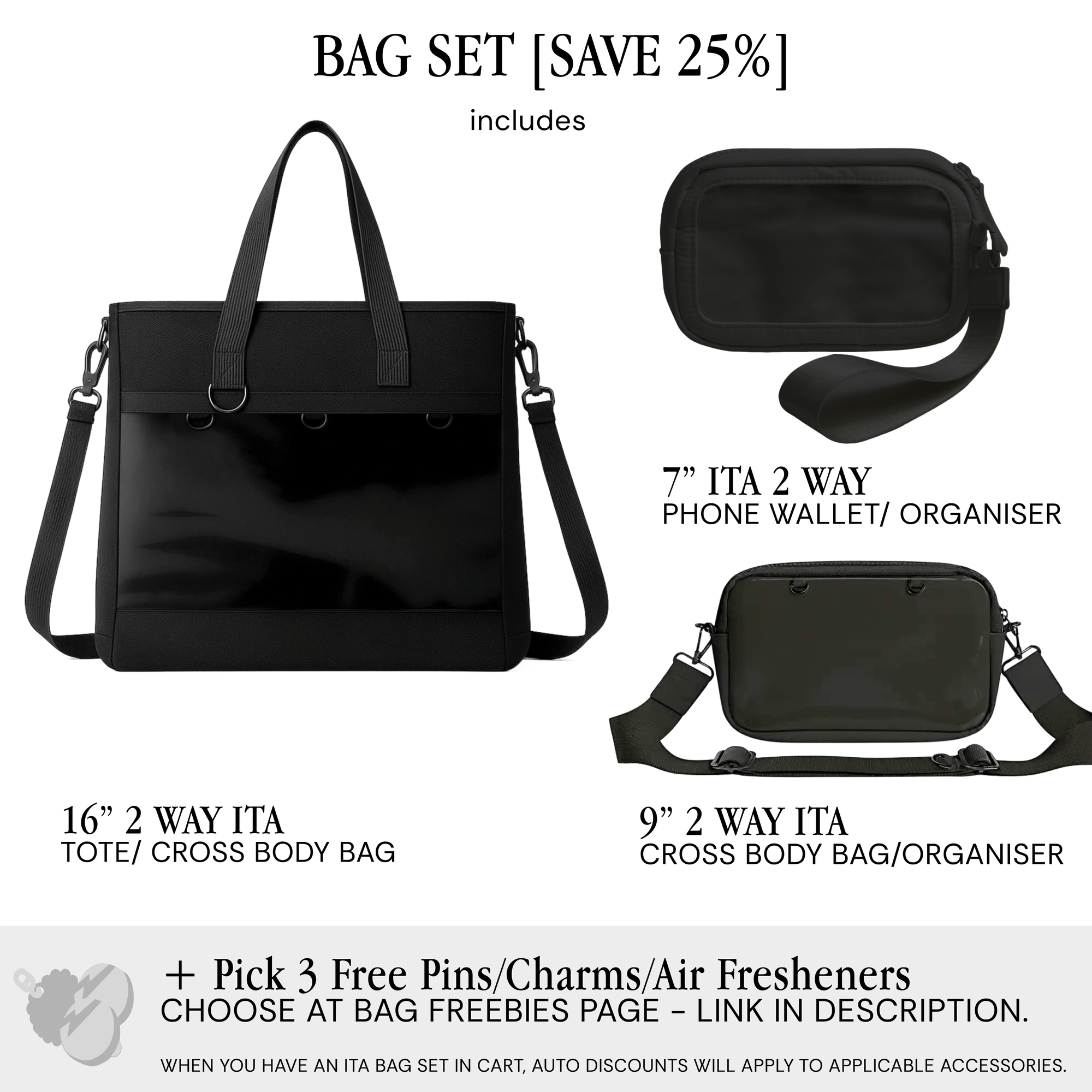 pinbuds Bags Black Oxford Nylon / Bag Set (inc. ITA Organizers & 3 Free Accessories) - Save 25% 16" 2-Way ITA Tote/Cross-Body Bag V6 with Shockproof laptop area (Waterproof Oxford)