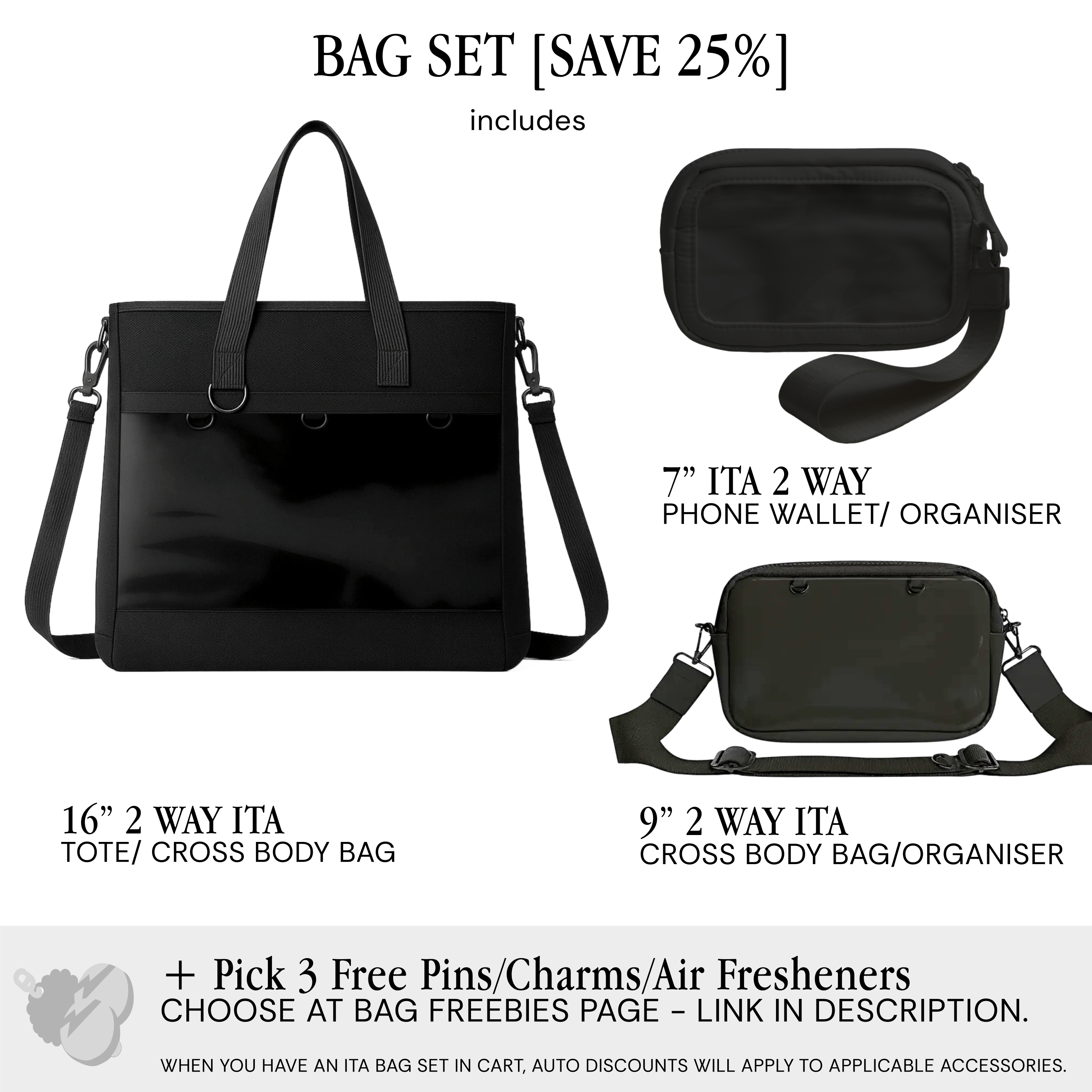 pinbuds Bags Black Oxford Nylon / Bag Set (inc. ITA Organizers & 3 Free Accessories) - Save 25% 16" 2-Way ITA Tote/Cross-Body Bag V6 with Shockproof laptop area (Waterproof Oxford)