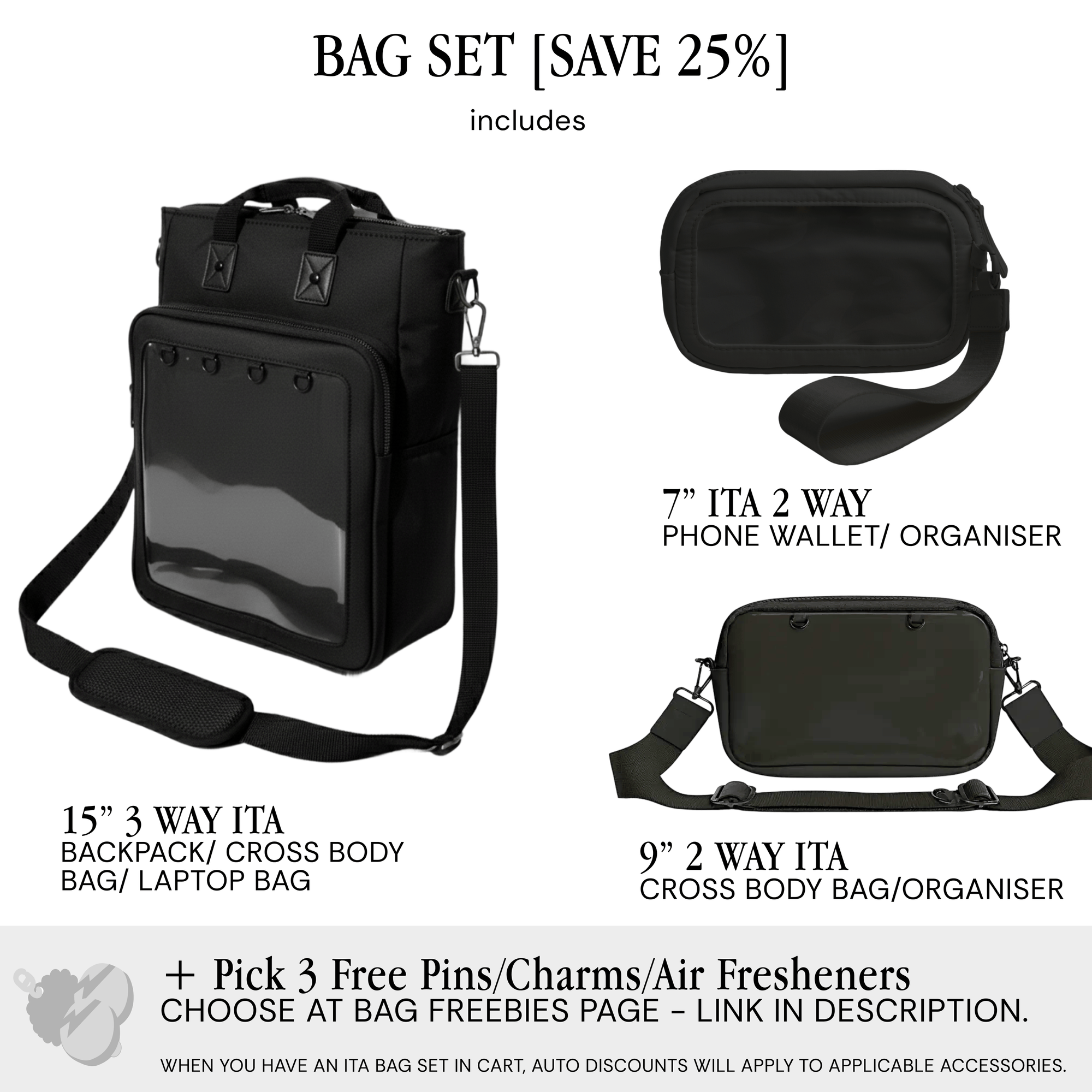 pinbuds Bags Black Oxford Waterproof / Bag Set (inc. ITA Organizers & 3 Free Accessories) - Save 25% 15" 3-Way Shapeshift Backpack V5 Tough Oxford (black)