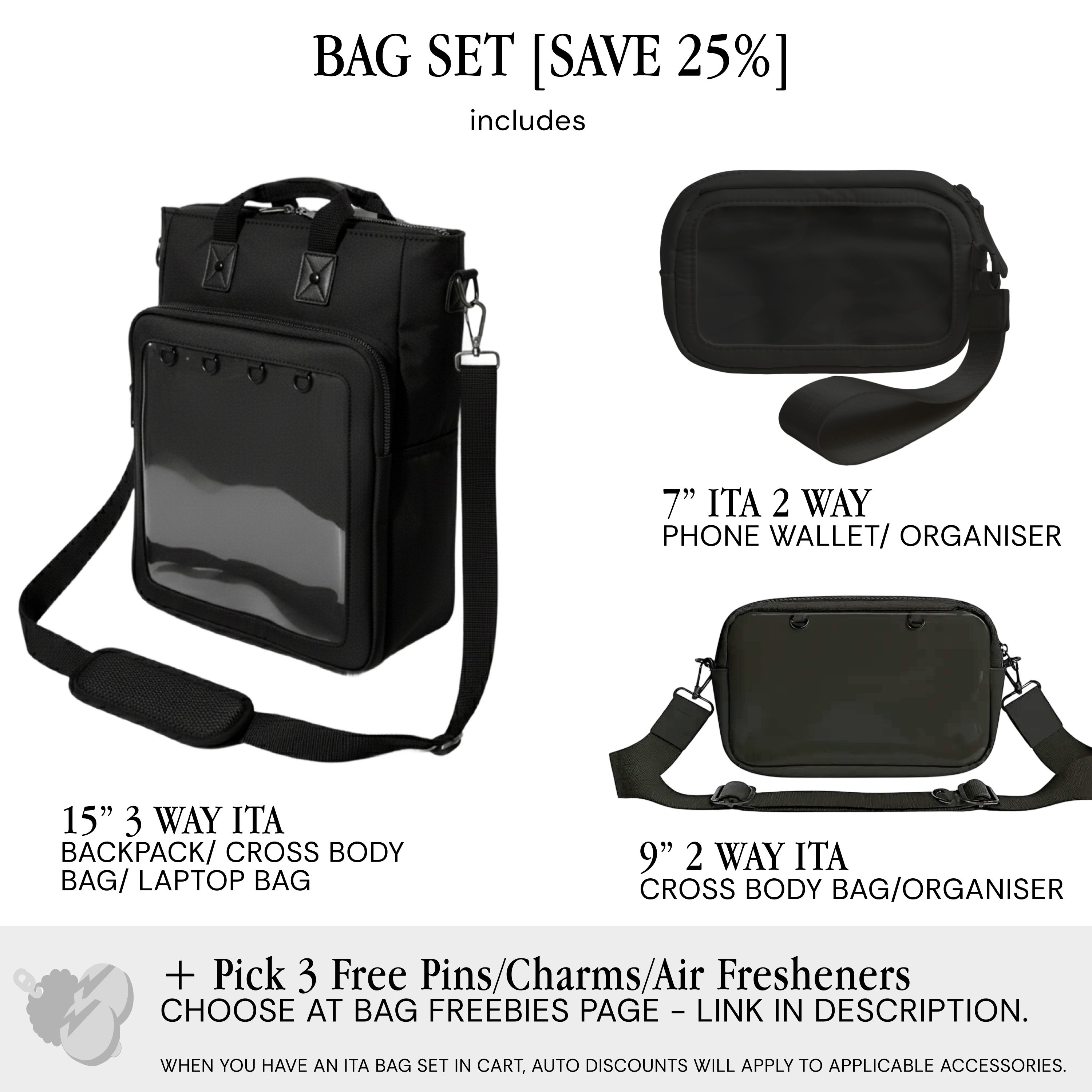 pinbuds Bags Black Oxford Waterproof / Bag Set (inc. ITA Organizers & 3 Free Accessories) - Save 25% 15" 3-Way Shapeshift Backpack V5 Tough Oxford (black)