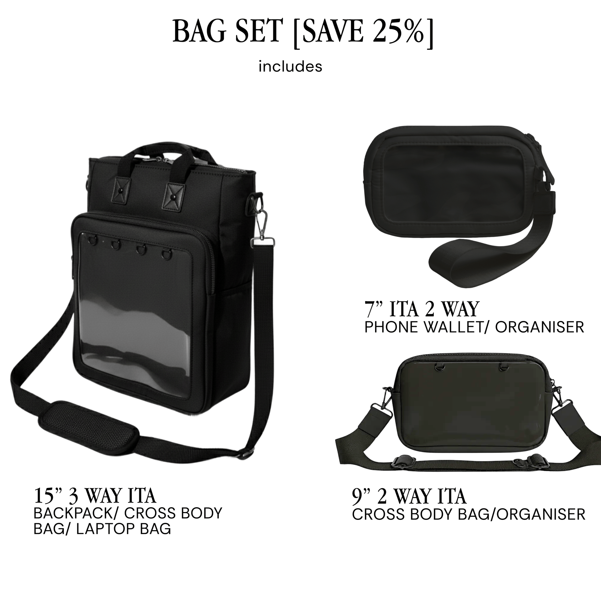 pinbuds Bags Black Oxford Waterproof / Bag Set (inc. ITA Organizers) - Save 25% 15" 3-Way Shapeshift Backpack V5 Tough Oxford (black)