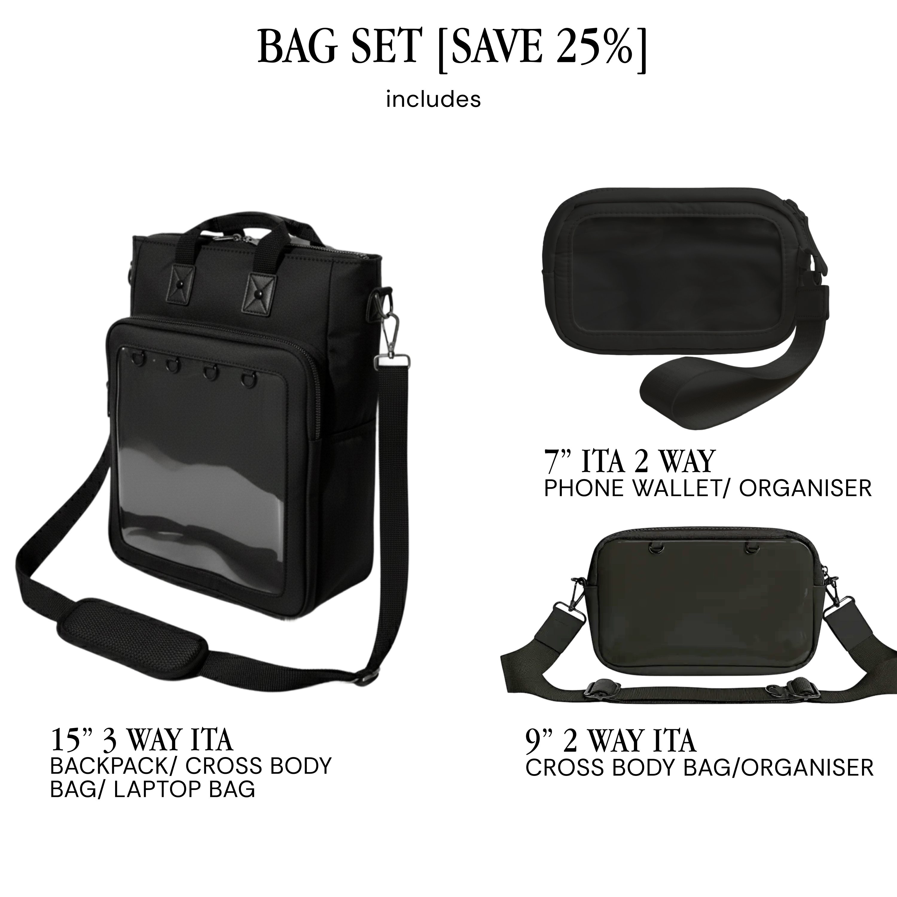 pinbuds Bags Black Oxford Waterproof / Bag Set (inc. ITA Organizers) - Save 25% 15" 3-Way Shapeshift Backpack V5 Tough Oxford (black)