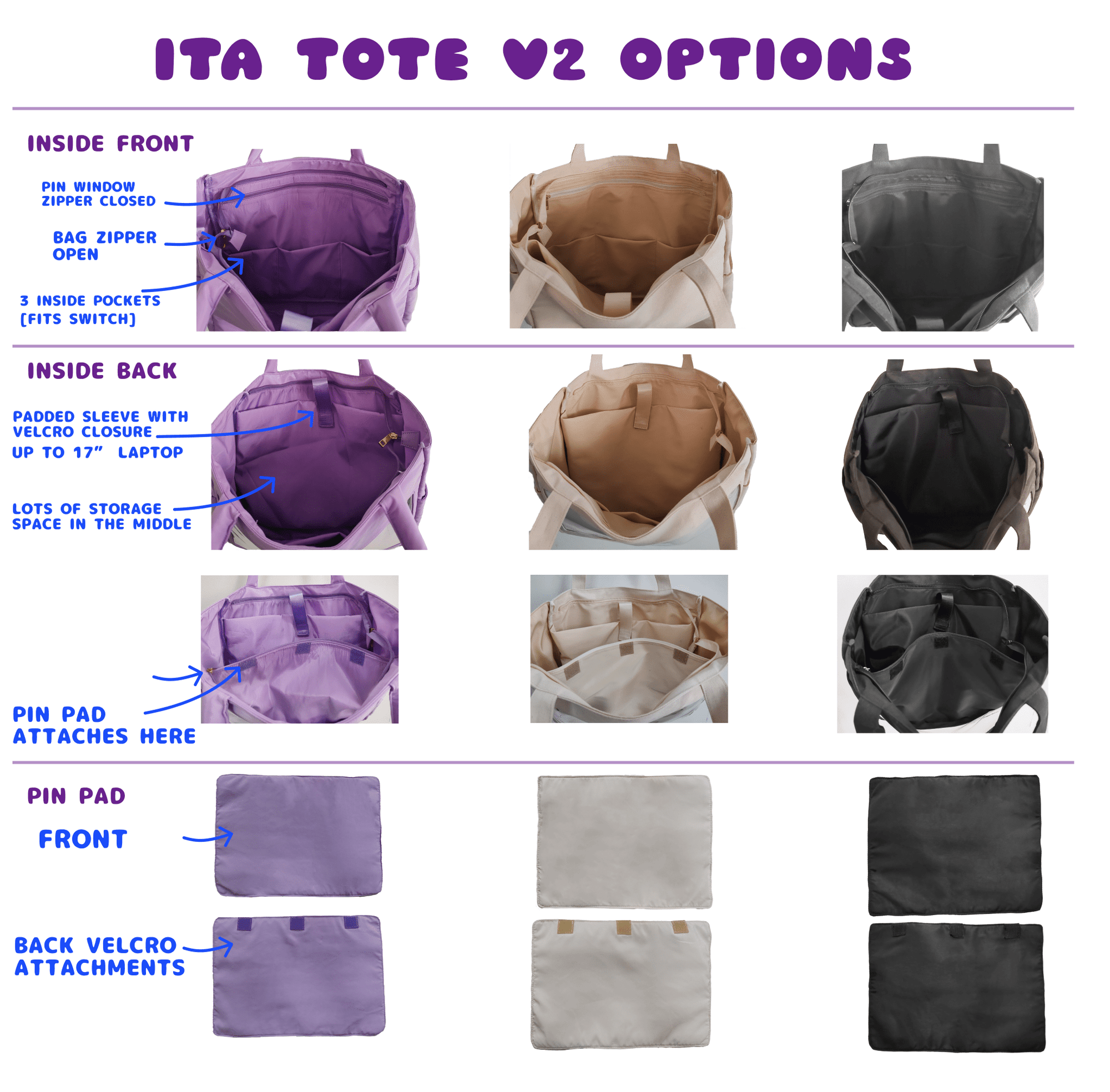 pinbuds Bags Pin ITA Tote Bag v2 (purple polyester) ft Puffy handles