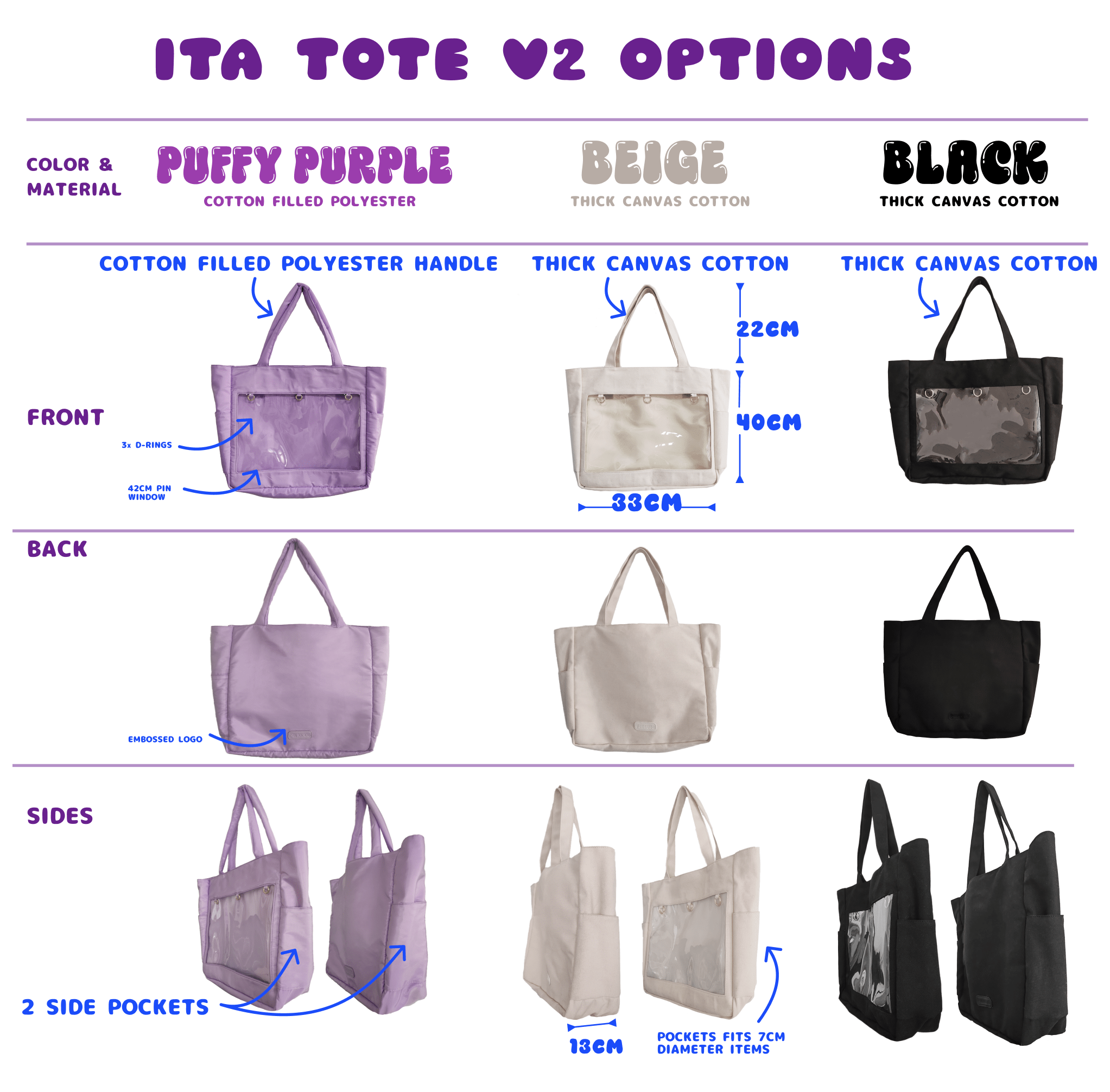 pinbuds Bags Pin ITA Tote Bag v2 (purple polyester) ft Puffy handles