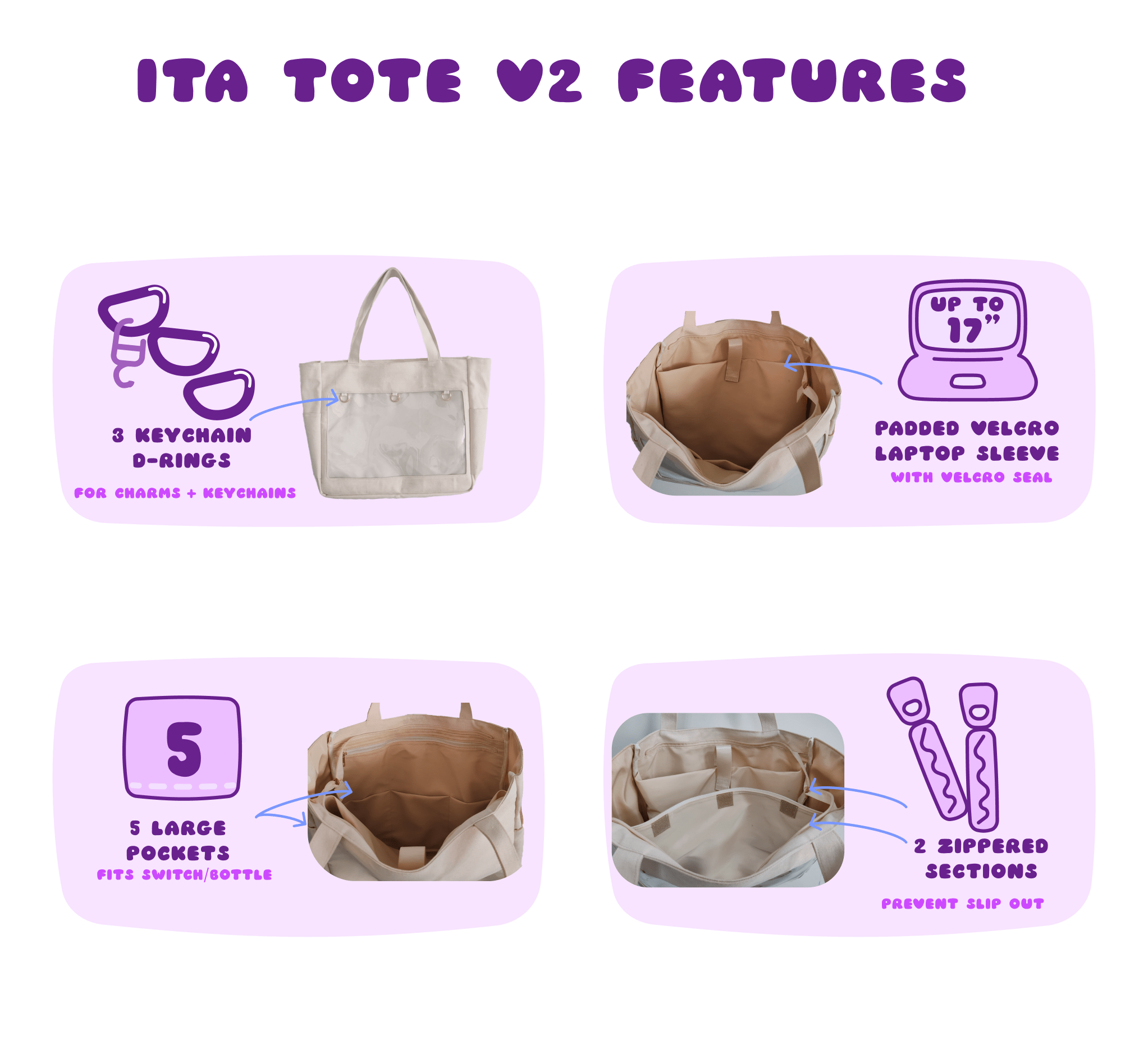 pinbuds Bags Pin ITA Tote Bag v2 (purple polyester) ft Puffy handles