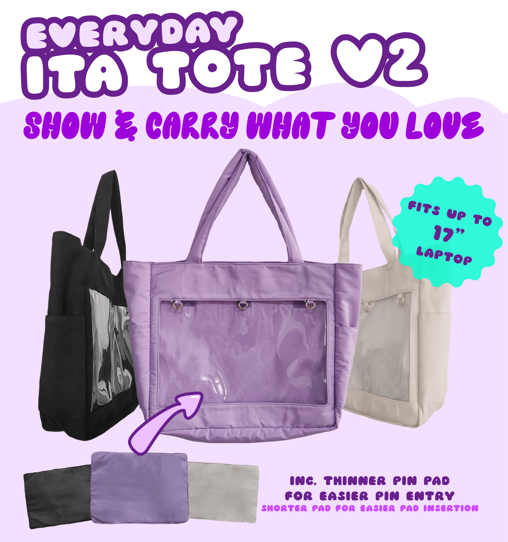 pinbuds Bags Pin ITA Tote Bag v2 (purple polyester) ft Puffy handles