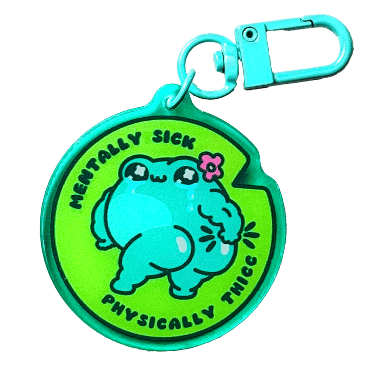 Physically Thicc Muscle Frog acrylic charm, designed in Sydney