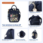 Dual Window ITA backpack 15", navy: features at a glance. Two display windows, 27 attachment points for charms, luggage strap, anti-theft back pocket, 9 pockets and sections with a 15" laptop sleeve, side bottle pocket