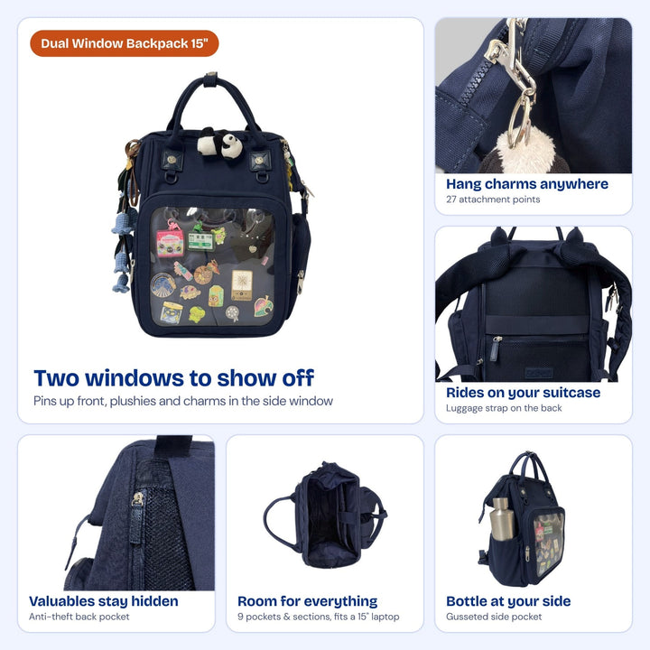 Dual Window ITA backpack 15", navy: features at a glance. Two display windows, 27 attachment points for charms, luggage strap, anti-theft back pocket, 9 pockets and sections with a 15" laptop sleeve, side bottle pocket