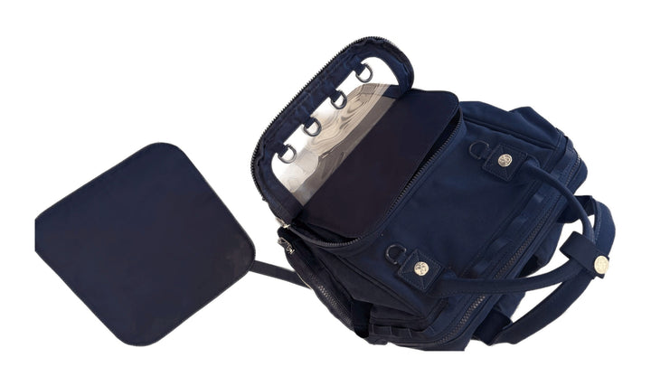 Dual Window ITA backpack 15", navy: front window unzipped and folded down, pin insert lifted out