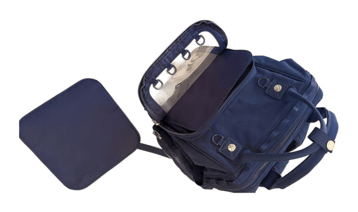 Dual Window ITA backpack 15", navy: front window unzipped and folded down, pin insert lifted out