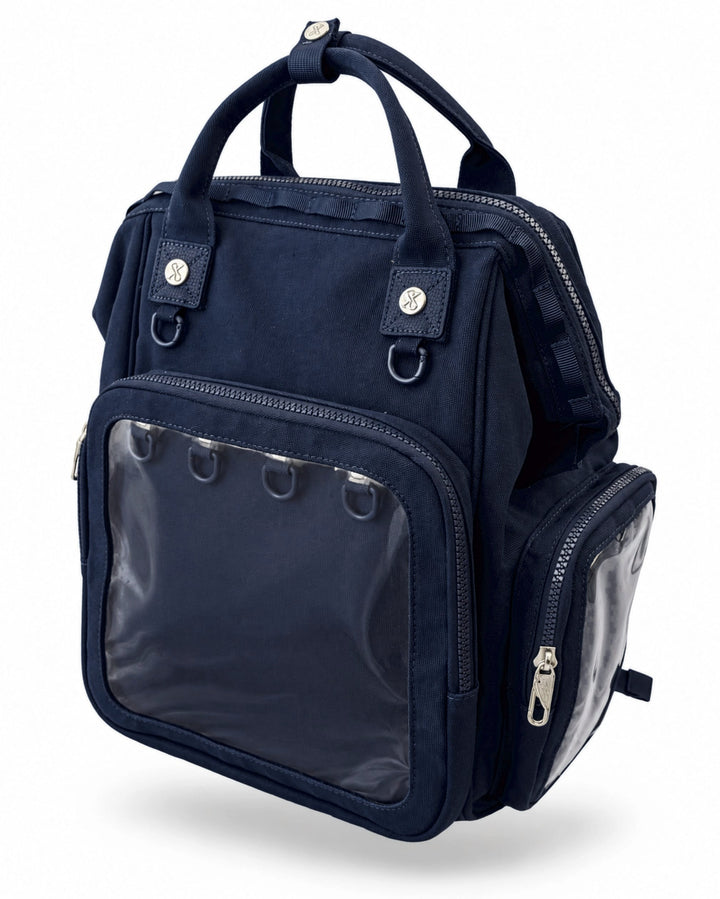 Dual Window ITA backpack 15", navy: front three-quarter view, empty front window and side window