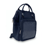 Dual Window ITA backpack 15", navy: three-quarter front from the left, empty front window and the zipped side pocket