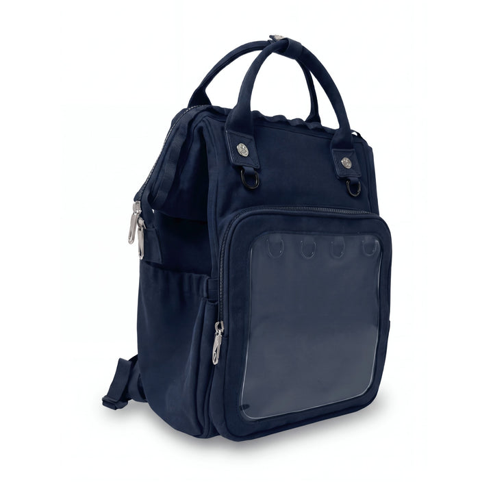 Dual Window ITA backpack 15", navy: three-quarter front from the left, empty front window and the zipped side pocket