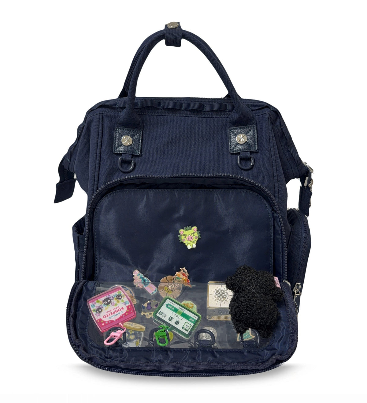 Dual Window ITA backpack 15", navy: front window open, D-rings along the window edge