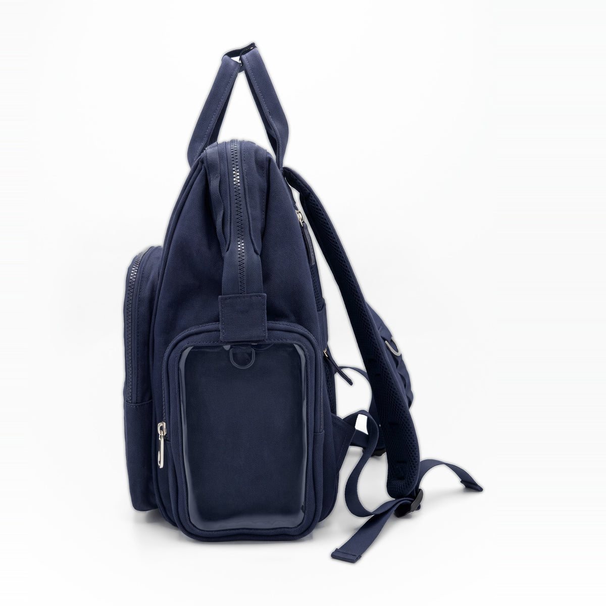 Dual Window ITA backpack 15", navy: side view, empty side display window with its D-ring clasp