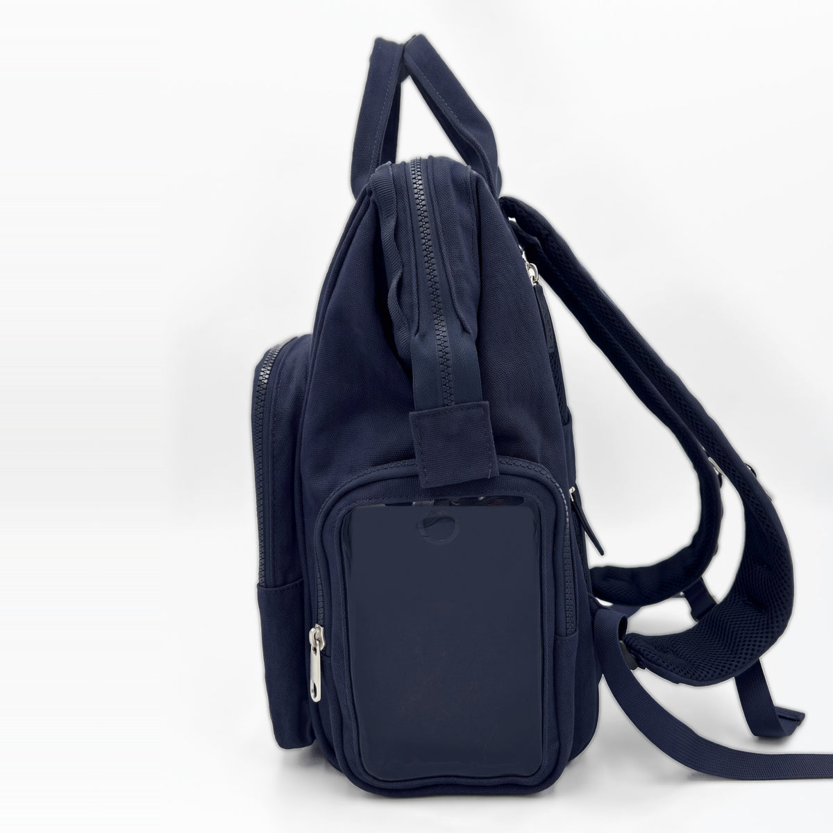Dual Window ITA backpack 15", navy: side view, side display window and padded backpack straps