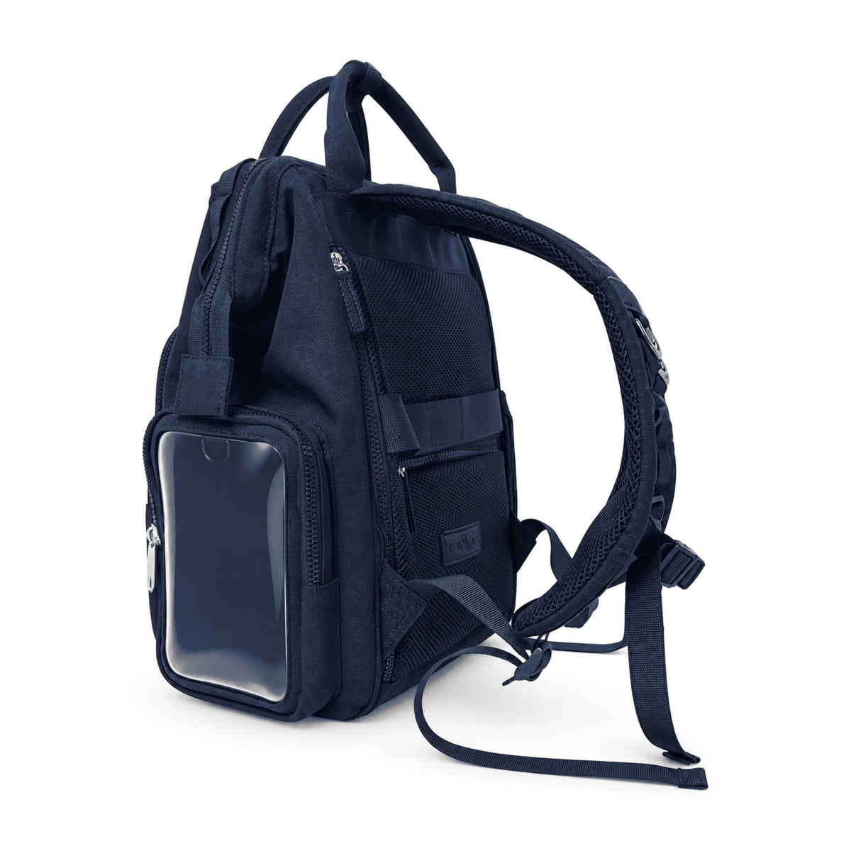 Dual Window ITA backpack 15", navy: three-quarter side view, side display window and padded backpack straps