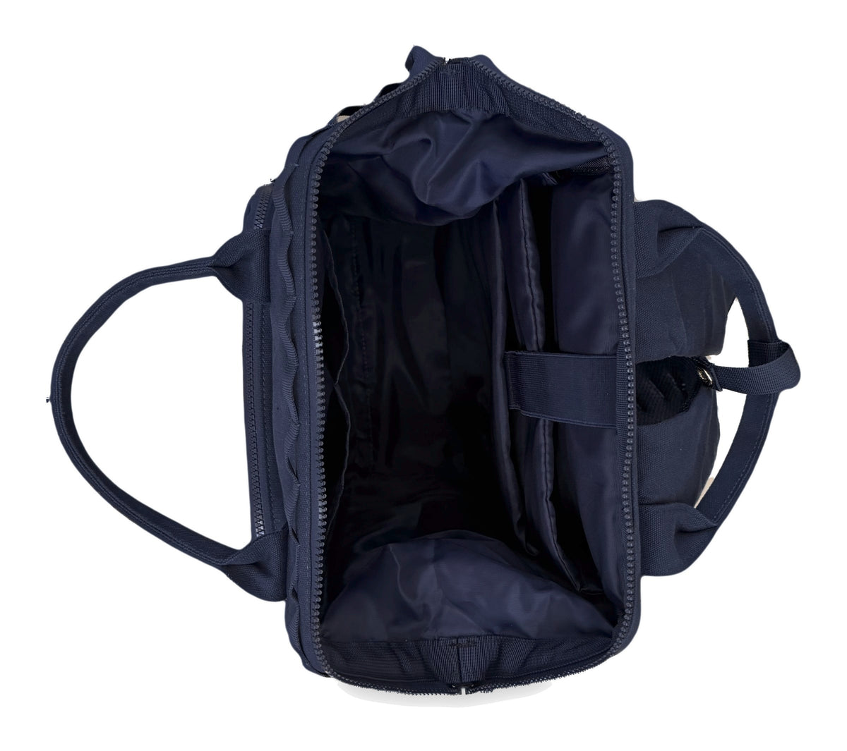 Dual Window ITA backpack 15", navy: top opened wide, laptop sleeve and inside pockets