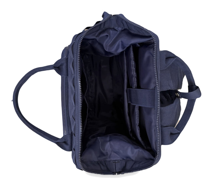 Dual Window ITA backpack 15", navy: top opened wide, laptop sleeve and inside pockets