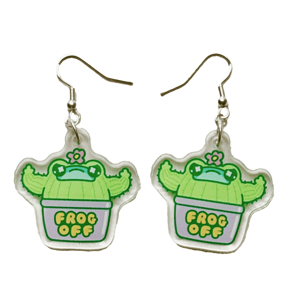 Frog Off acrylic earrings by Pinbuds