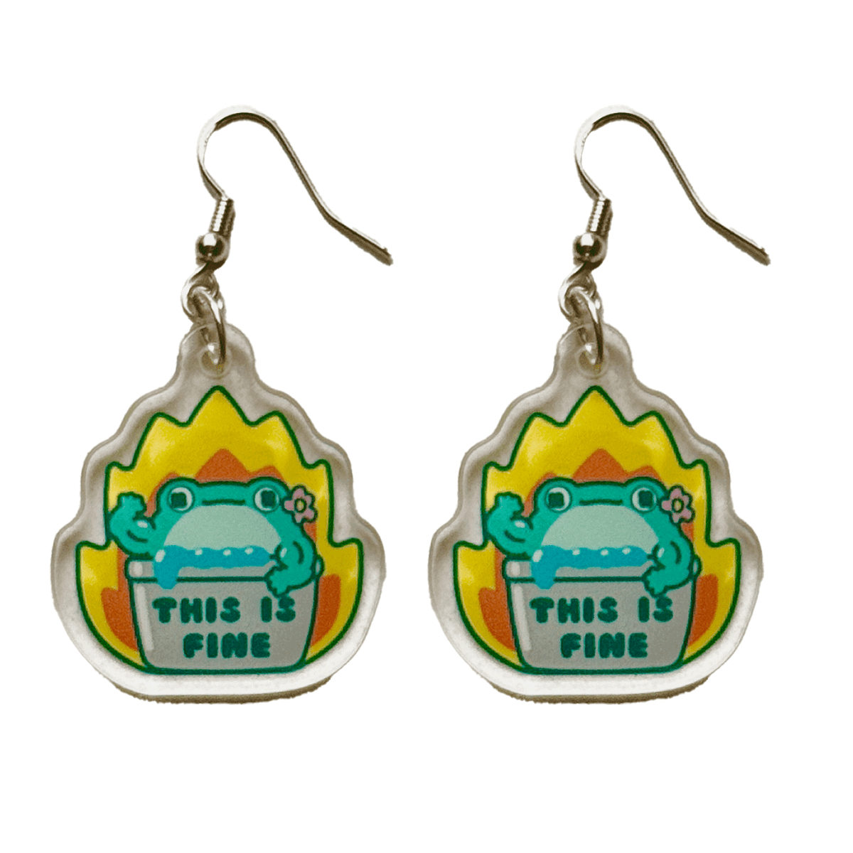 This Is Fine Frog acrylic earrings by Pinbuds