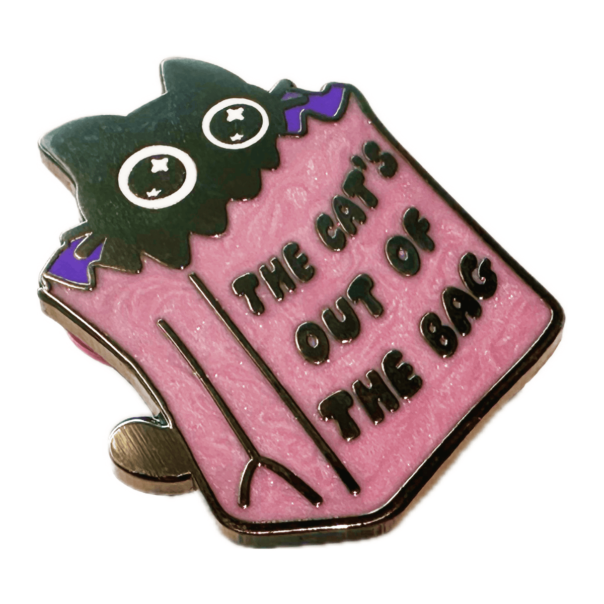 Cat’s Out of the Bag Hard Enamel Pin with Pearlescent Effect enamel pin, designed in Sydney