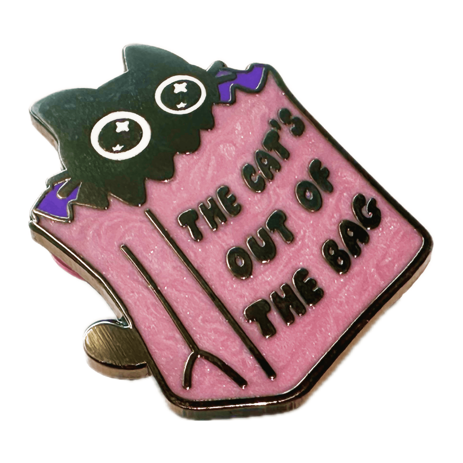 Pinbuds Enamel pin Cat's out of the bag hard enamel pin with pearlescent effect