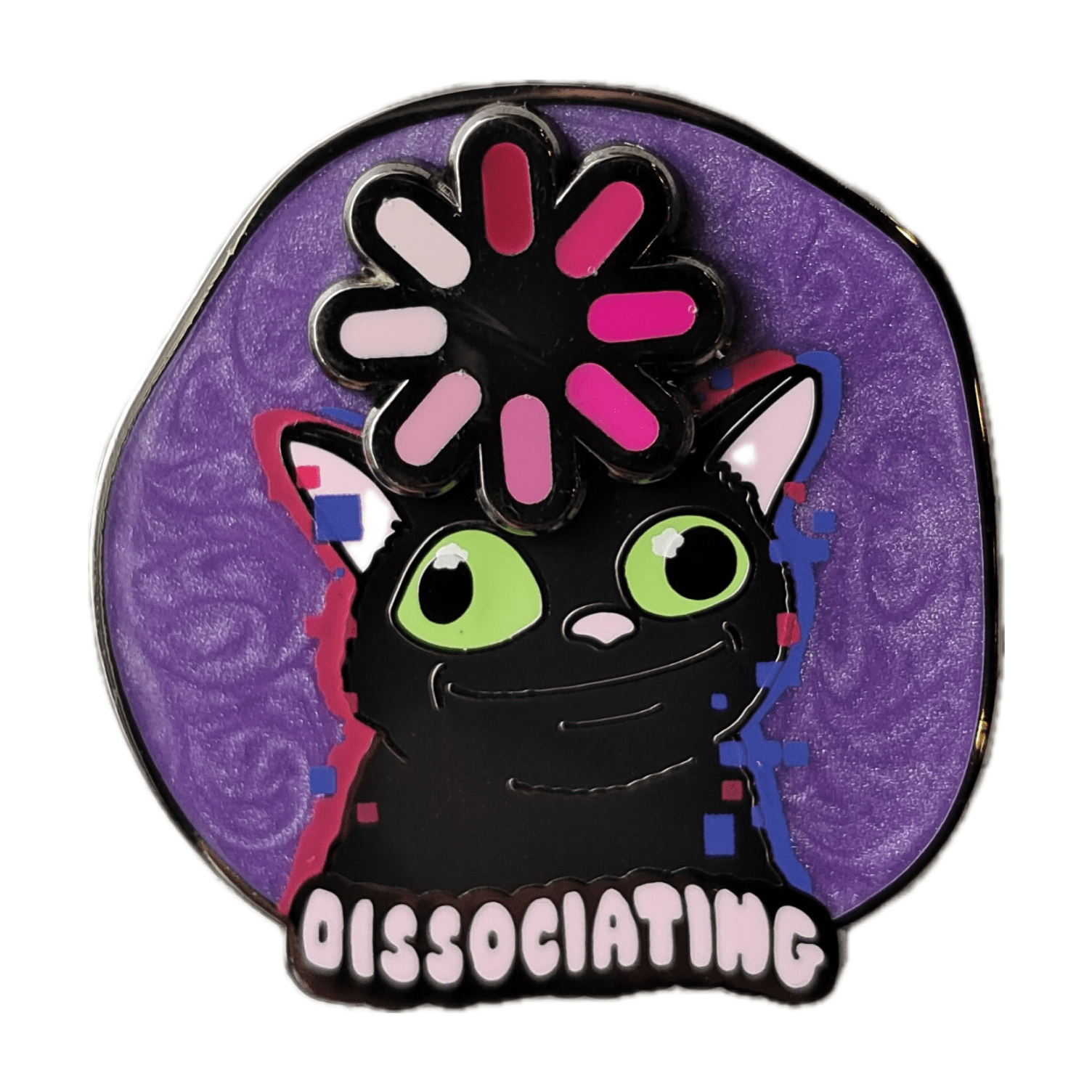 Pinbuds Enamel pin Dissociating cat spinning hard enamel Pin with pearlescent effect