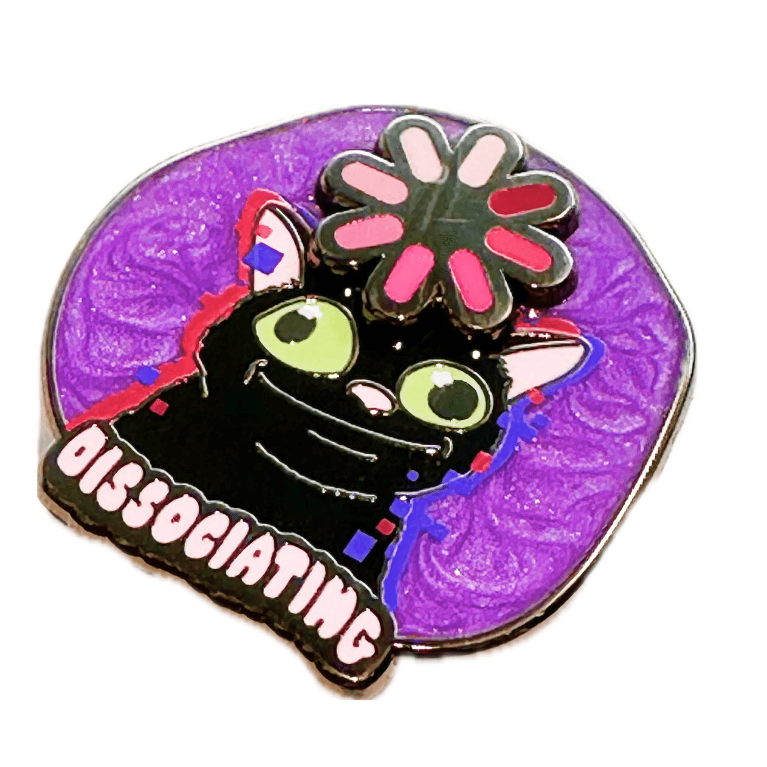 Pinbuds Enamel pin Dissociating cat spinning hard enamel Pin with pearlescent effect