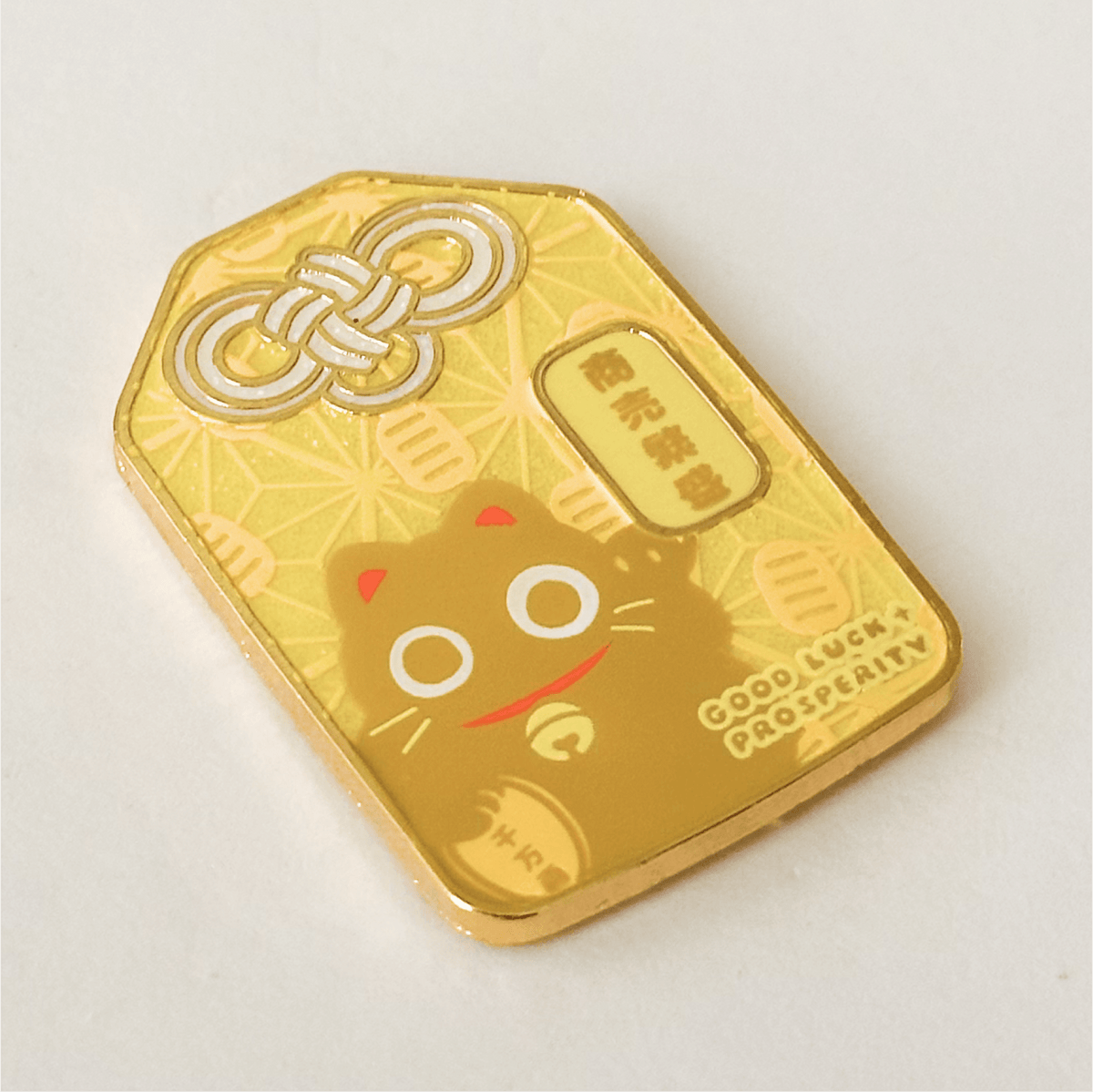 Double Good Luck Maneki Neko Omamori enamel pin, gold plating