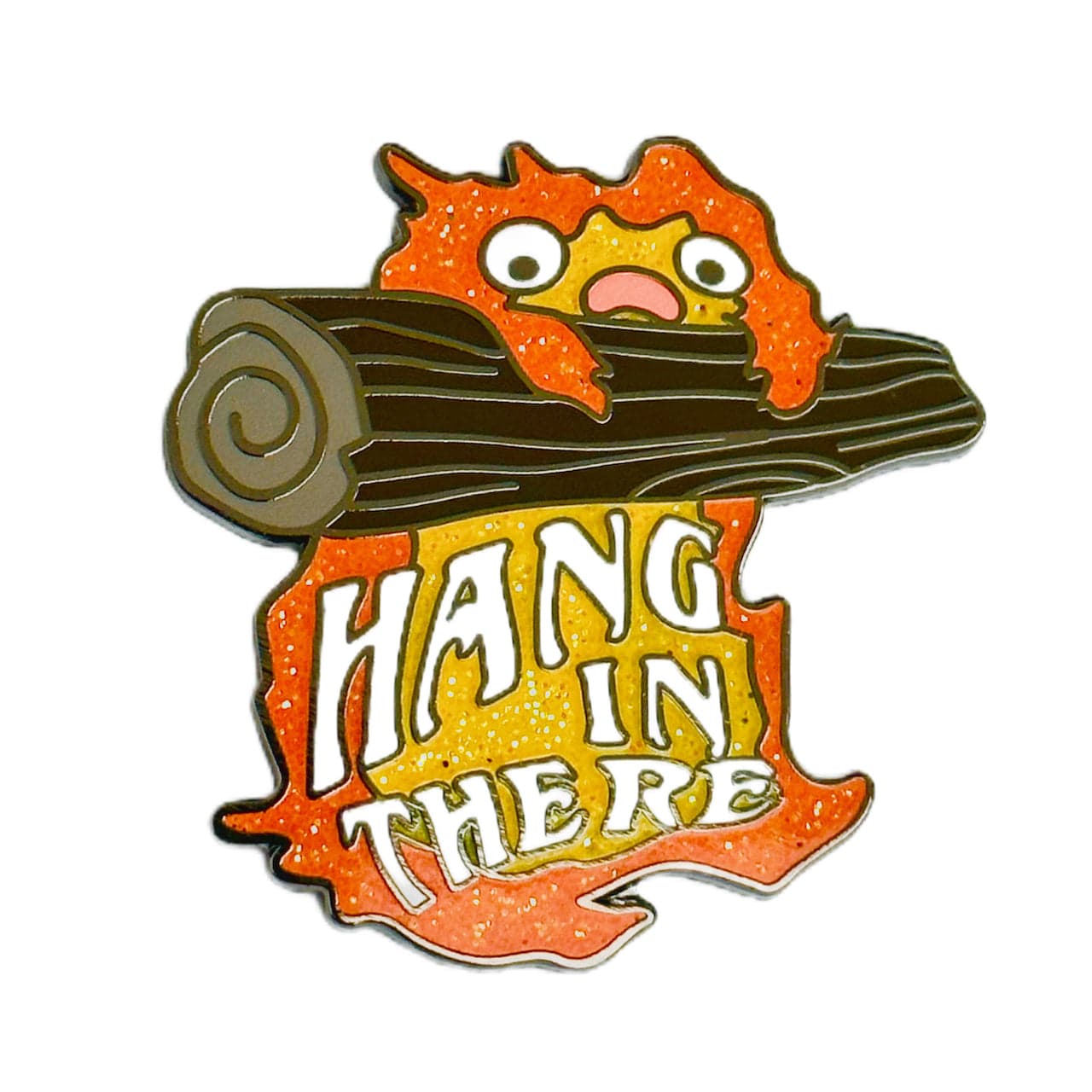 Pinbuds Enamel pin Hang in there pin (cat poster meme x calcifer fire demon mashup)