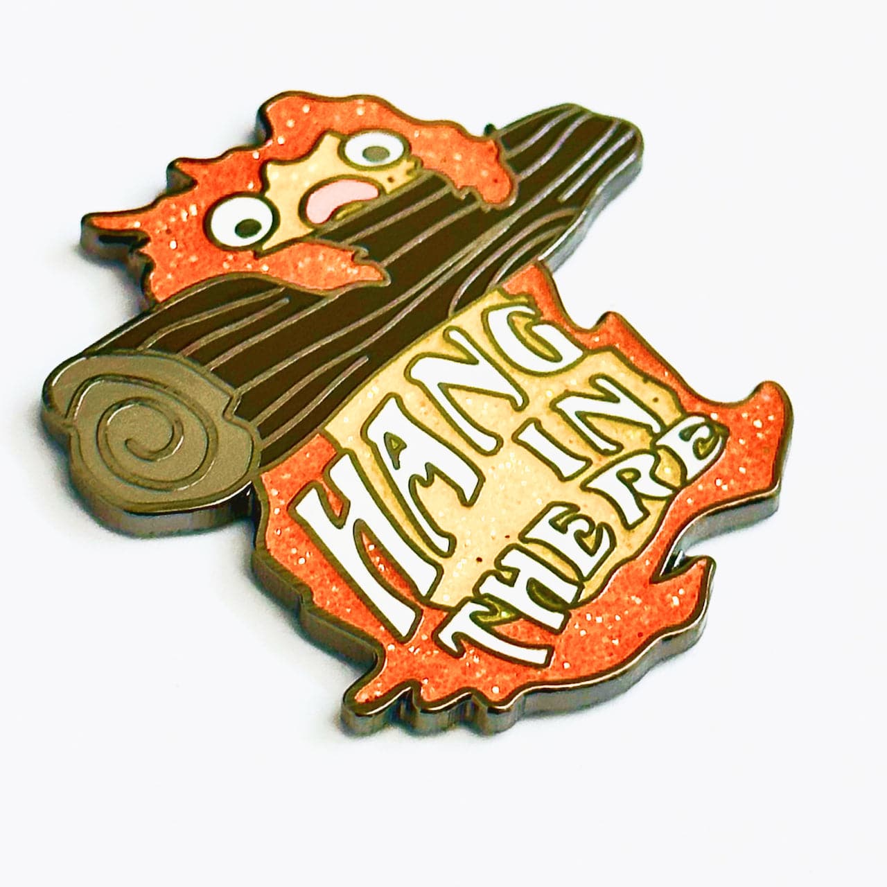 Pinbuds Enamel pin Hang in there pin (cat poster meme x calcifer fire demon mashup)