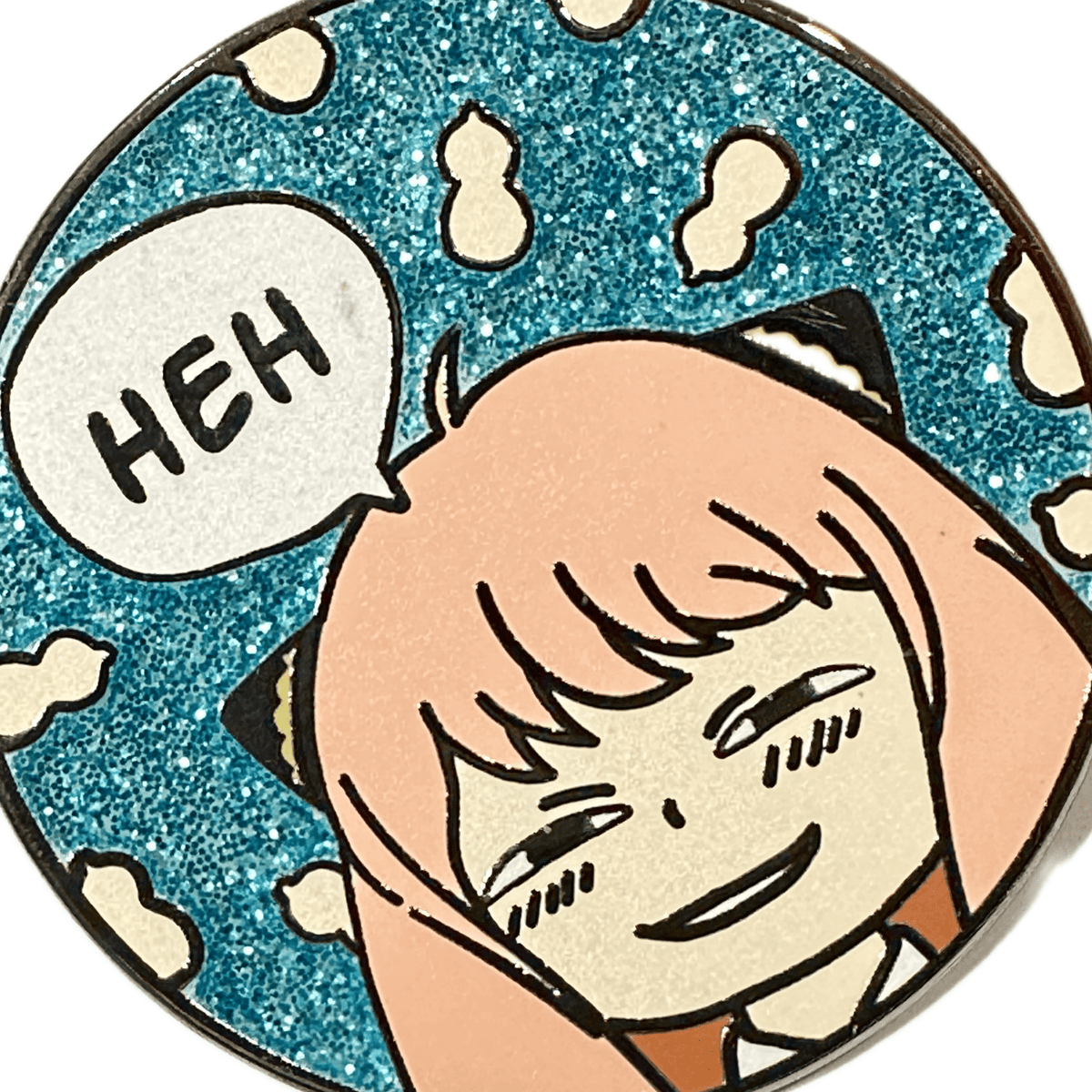 Heh Smug Spy Face enamel pin, black plating