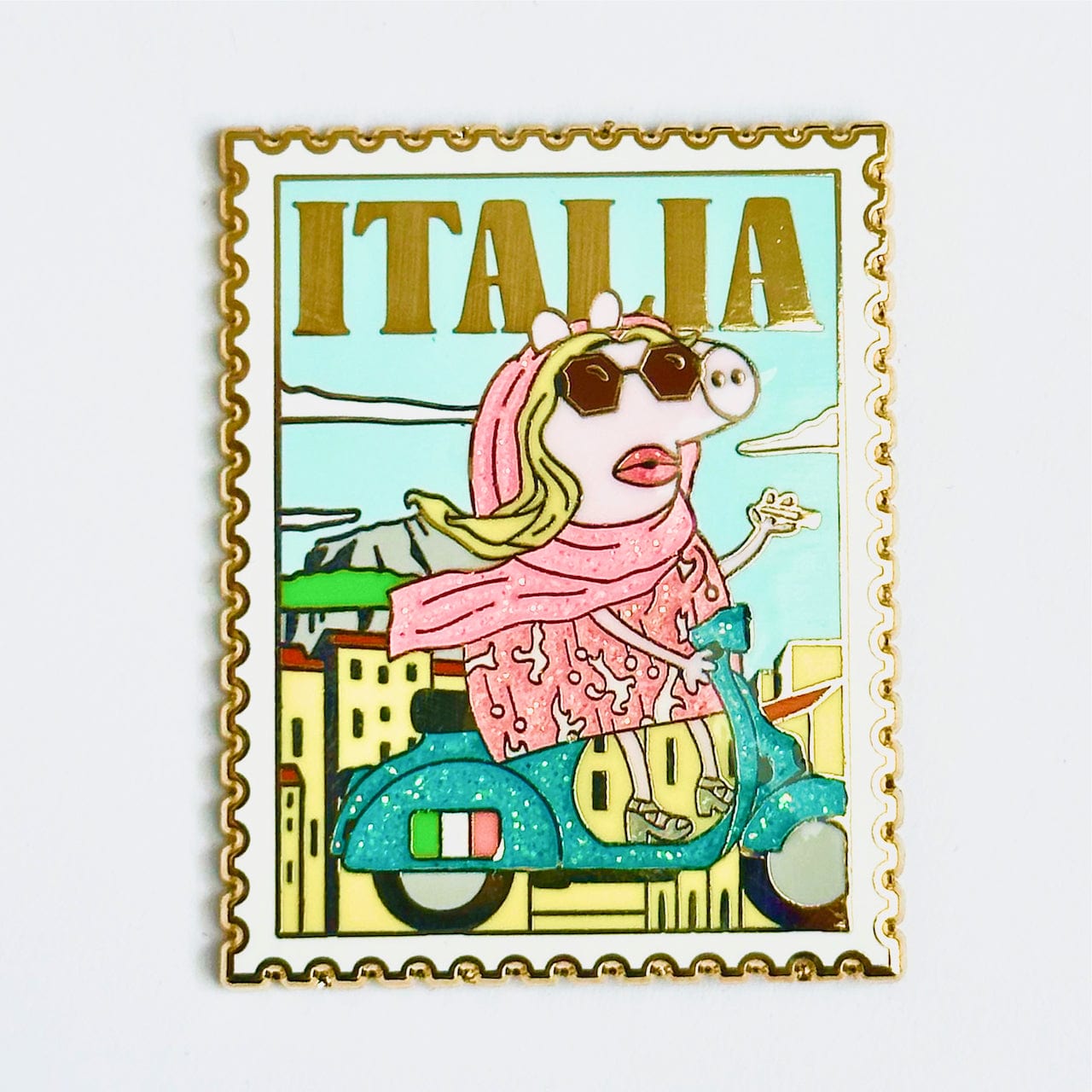 Pinbuds Enamel pin Italia pin featuring Jennfier coolidge on a vespa as peppa pig from White lotus
