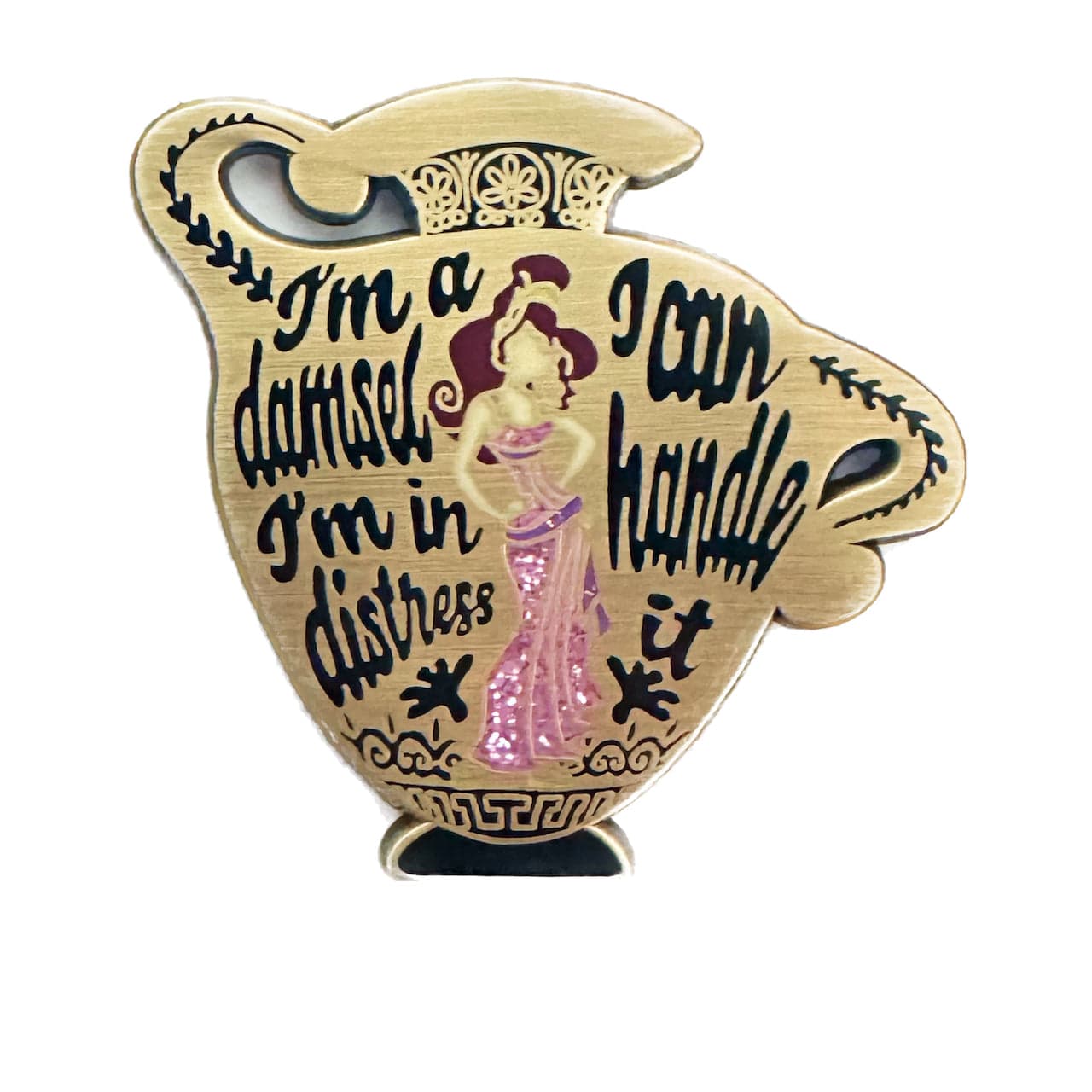Pinbuds Enamel pin Meg Damsel pin featuring quote "I'm a damsel, I'm in distress, I can handle this." (glitter & antique gold)