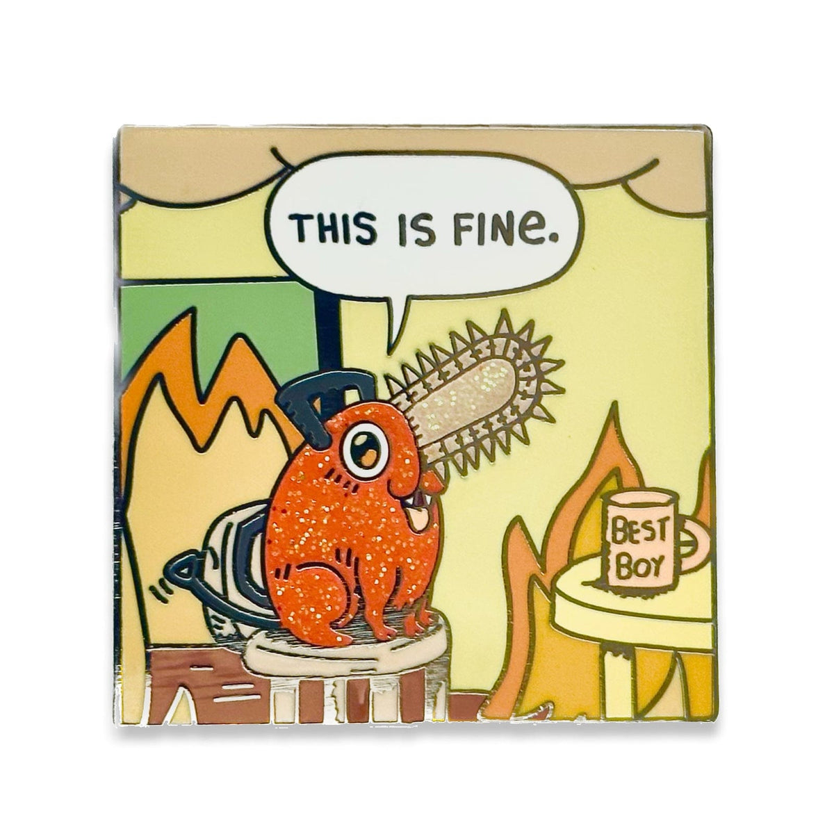 Pochita "This is Fine" enamel pin by Pinbuds