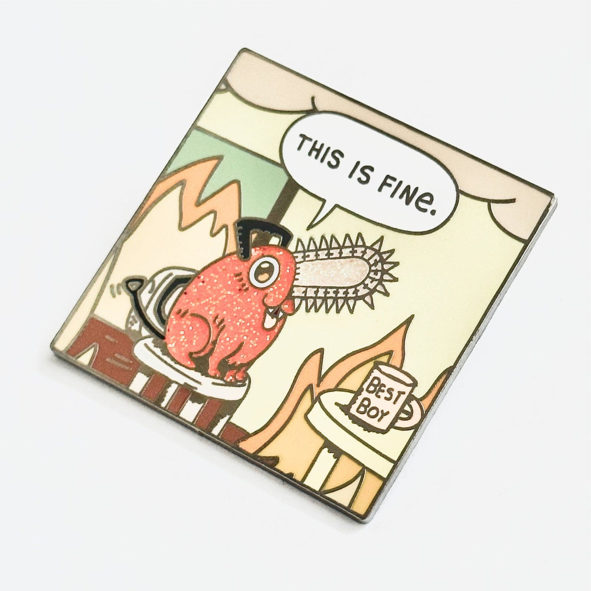 Pochita "This is Fine" enamel pin, black plating