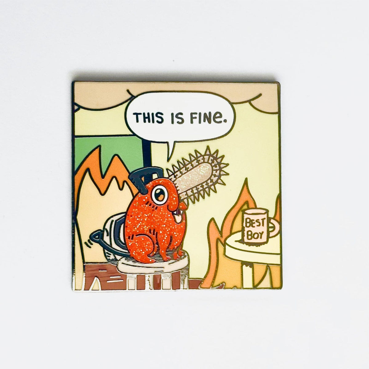 Pochita "This is Fine" enamel pin, glitter